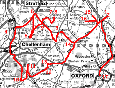 carte du voyage dans les Cotswolds